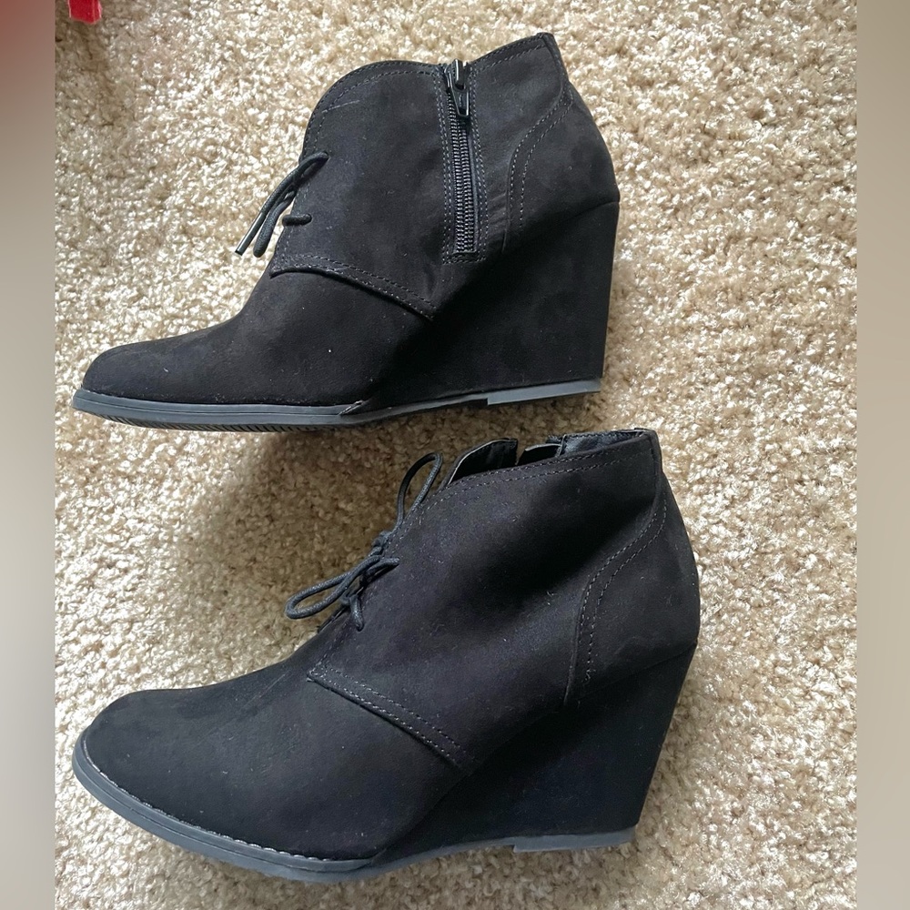 black suede lace up wedge booties